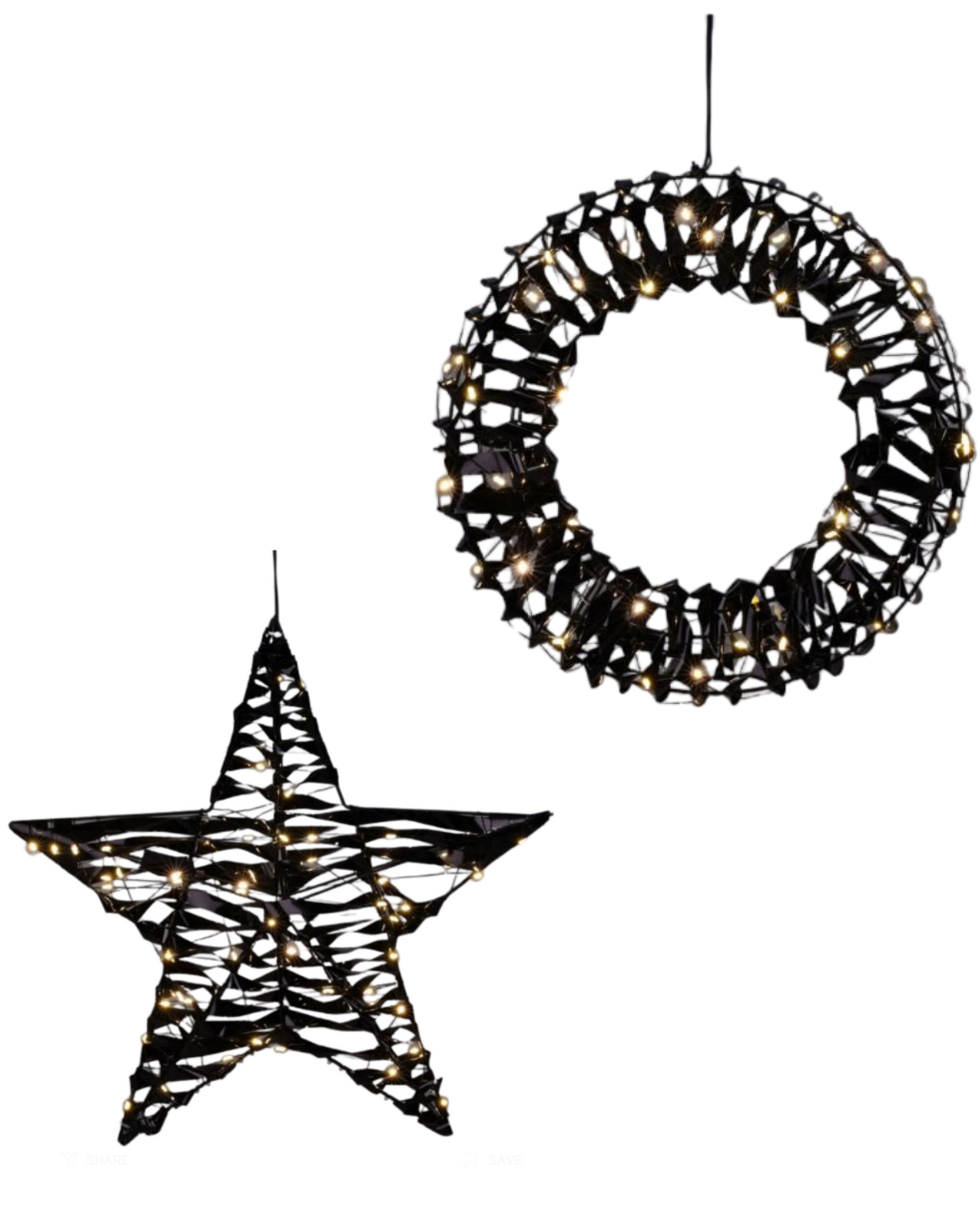 Kerstversiering set - krans en ster - zwart Ø 30cm en 40cm - LED