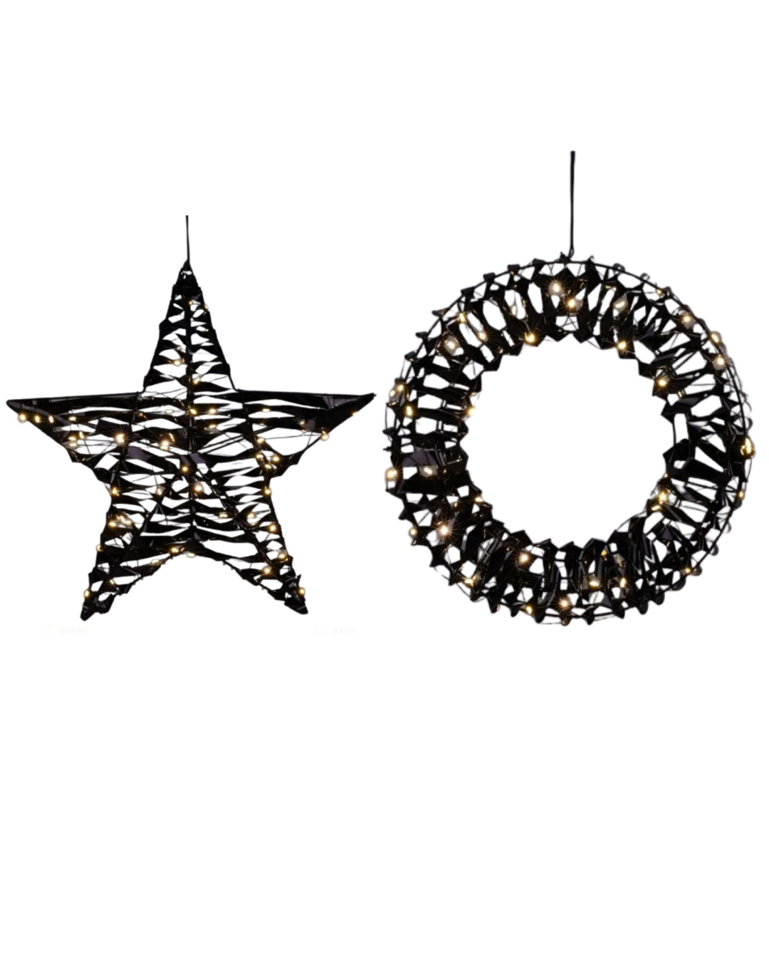 Kerstversiering set - krans en ster - zwart Ø 30cm en 40cm - LED