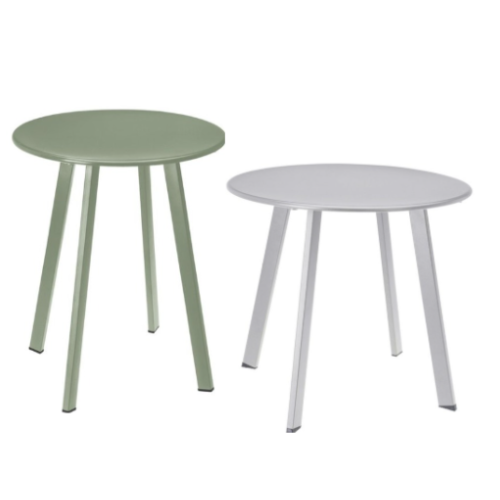 Bijzettafel set voor buiten in de kleur mat groen en licht grijs. Licht in gewicht, gemaakt van metaal