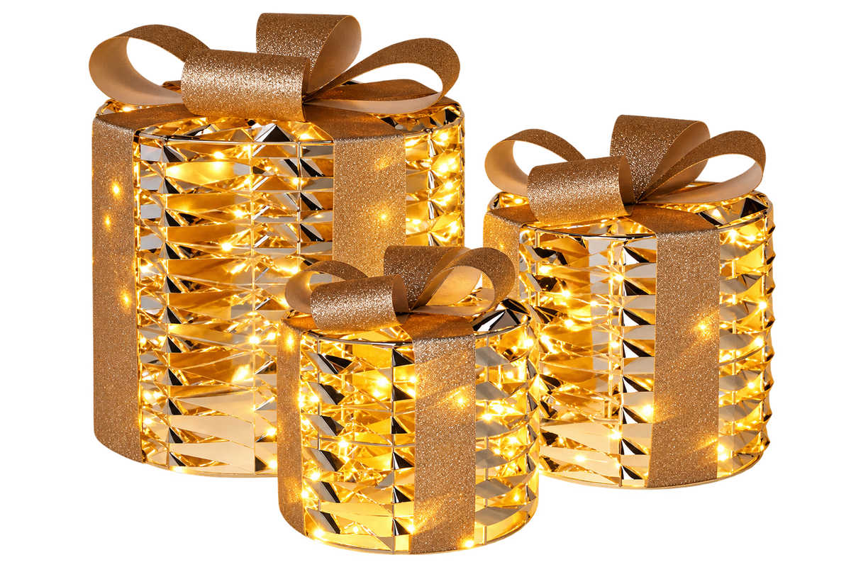 LED Kerstcadeaus Set van 3 - Verlichte Kerstdecoratie Binnen - Goud