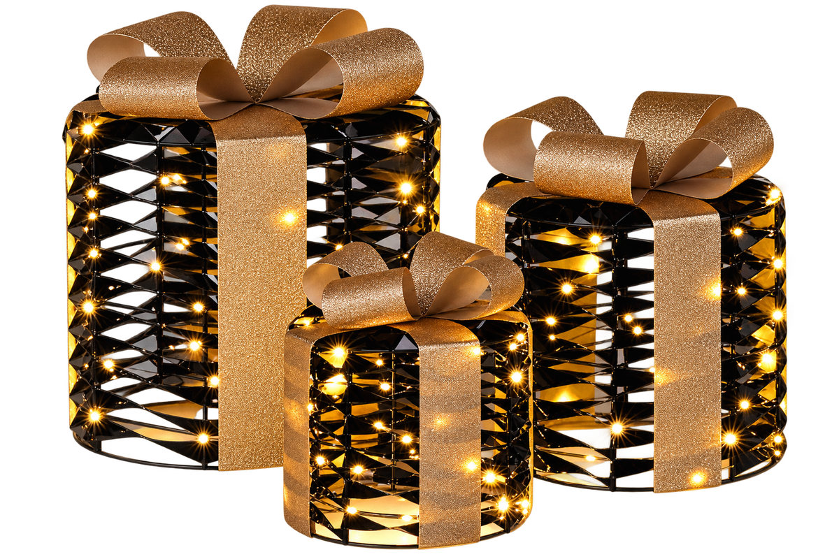 LED Kerstcadeaus Set van 3 - Verlichte Kerstdecoratie Binnen - Zwart