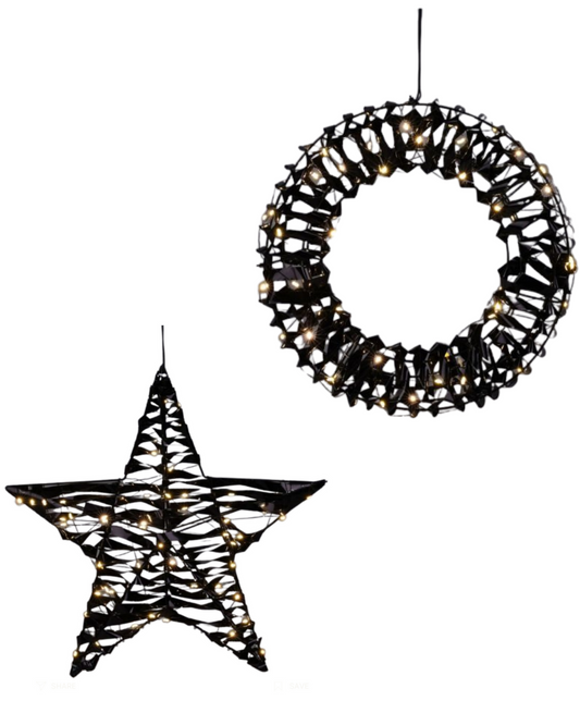 Kerstversiering set - krans en ster - zwart Ø 30cm en 40cm - LED