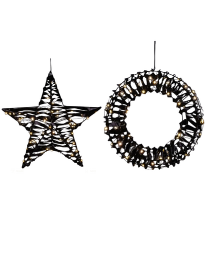Kerstversiering set - krans en ster - zwart Ø 30cm en 40cm - LED