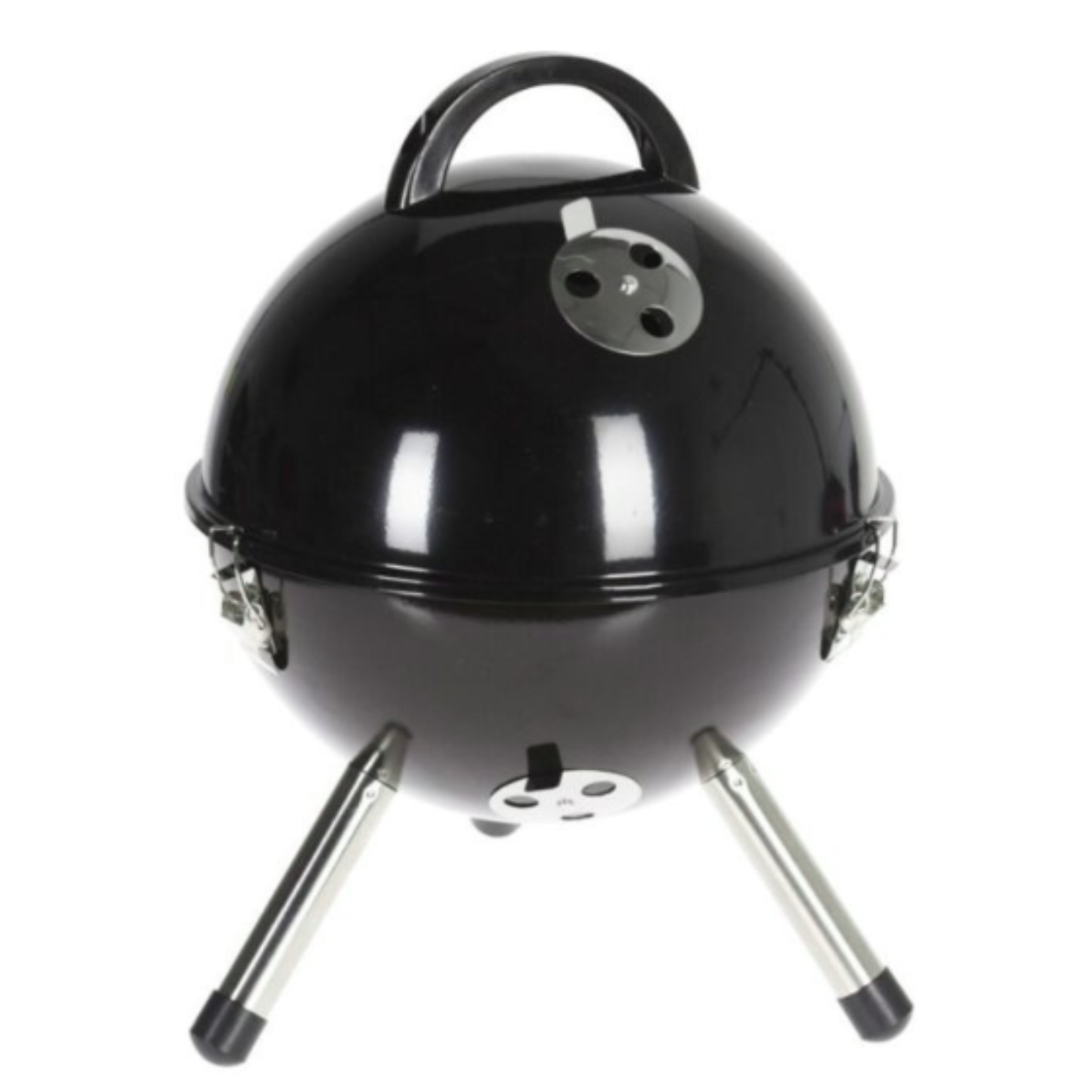 Compacte zwarte houtskool BBQ met deksel, tafelmodel geschikt voor tuin, balkon en camping
