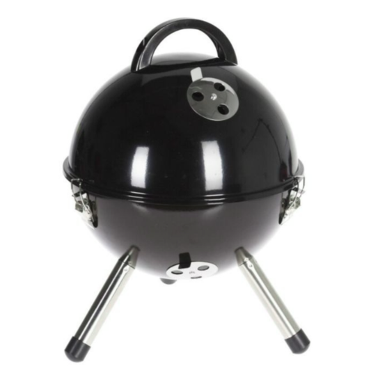 Compacte zwarte houtskool BBQ met deksel, tafelmodel geschikt voor tuin, balkon en camping