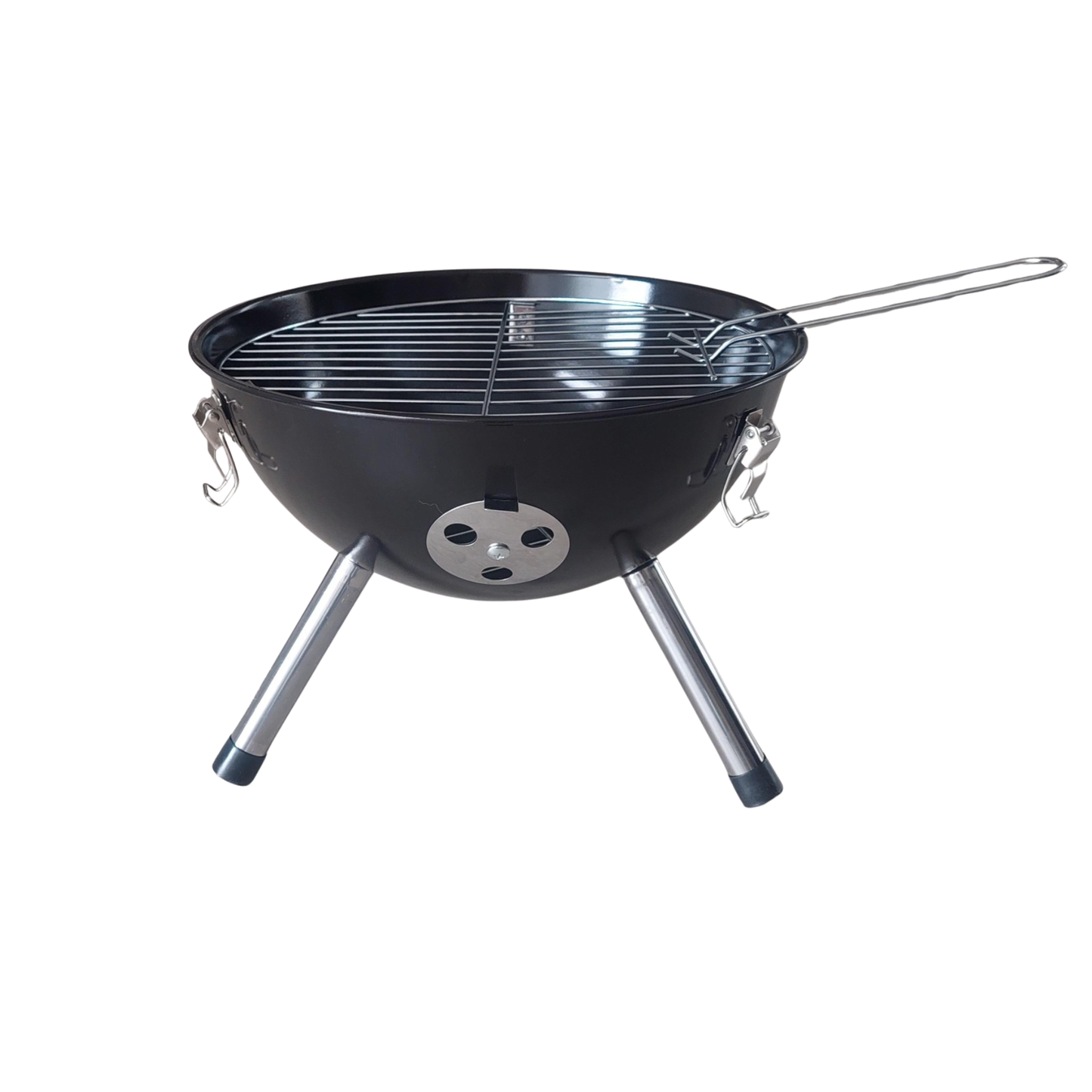 Compacte zwarte houtskool BBQ met deksel, tafelmodel geschikt voor tuin, balkon en camping