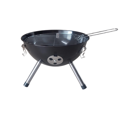 Compacte zwarte houtskool BBQ met deksel, tafelmodel geschikt voor tuin, balkon en camping