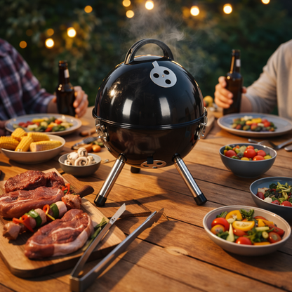 Compacte zwarte houtskool BBQ met deksel, tafelmodel geschikt voor tuin, balkon en camping